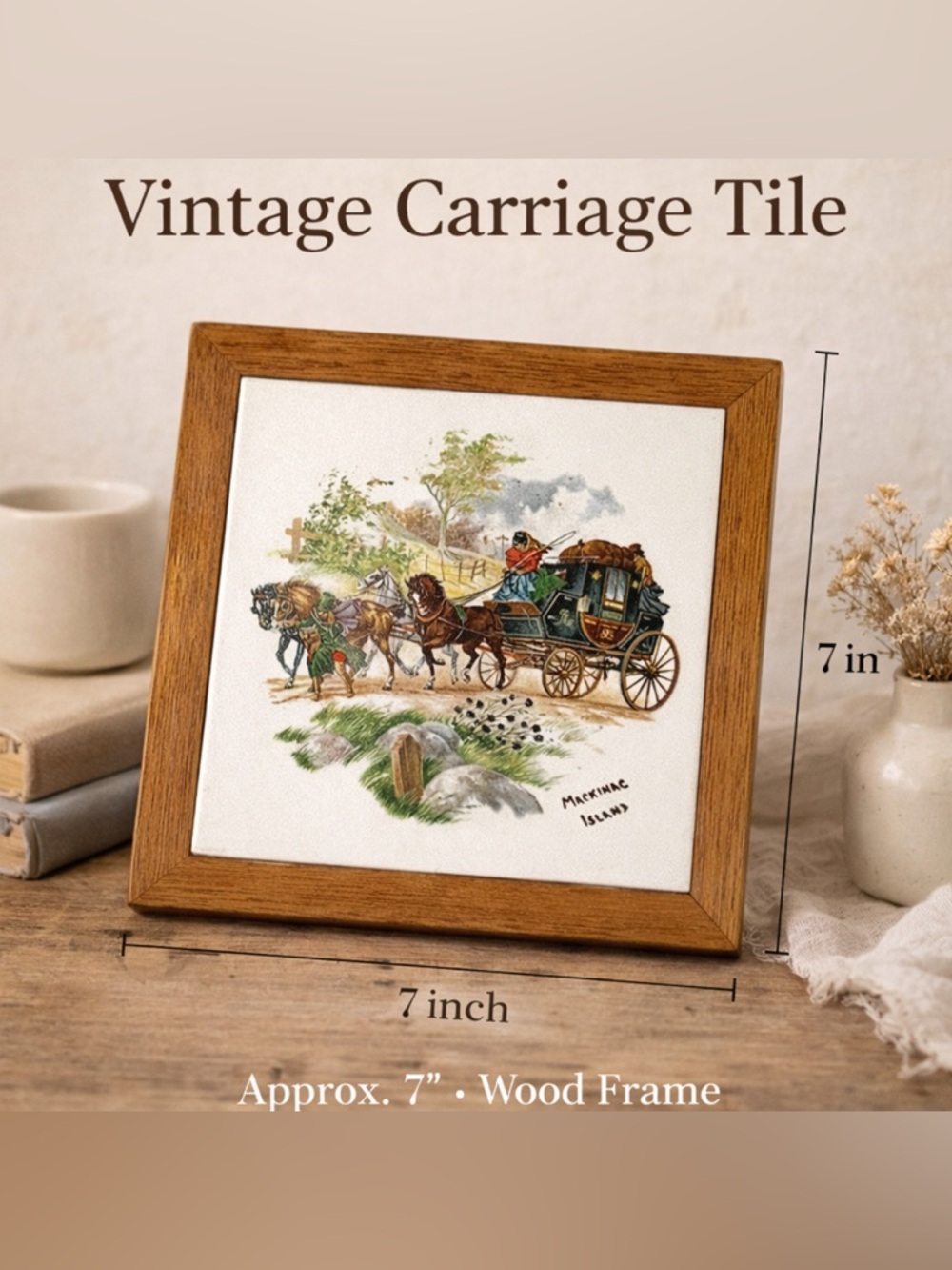 Vintage Mackinac Island Horse Carriage Tile Wall Art Wood Frame